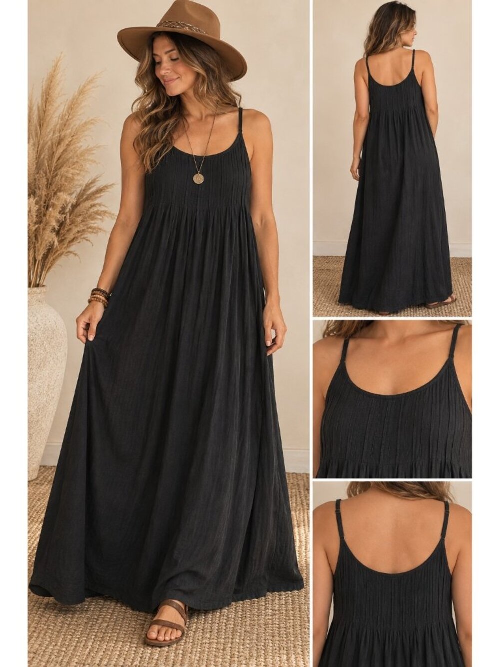 Maya Jones Maxi Dress Cotton Handmade Pintuck Boho Flowy Cottagecore XL Black